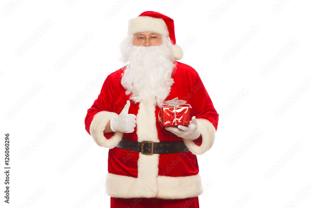 Santa Claus: Cheerful With Small Stack Of Gifts big bag, isolated on white background Christmas.
