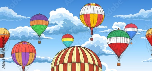 Vintage hot air balloons horizontal pattern. Old fashioned vector retro hot air balloon background