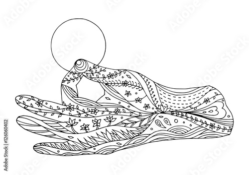 Gyan Mudra (seal of knowledge) with moon symbol, hand pose yoga