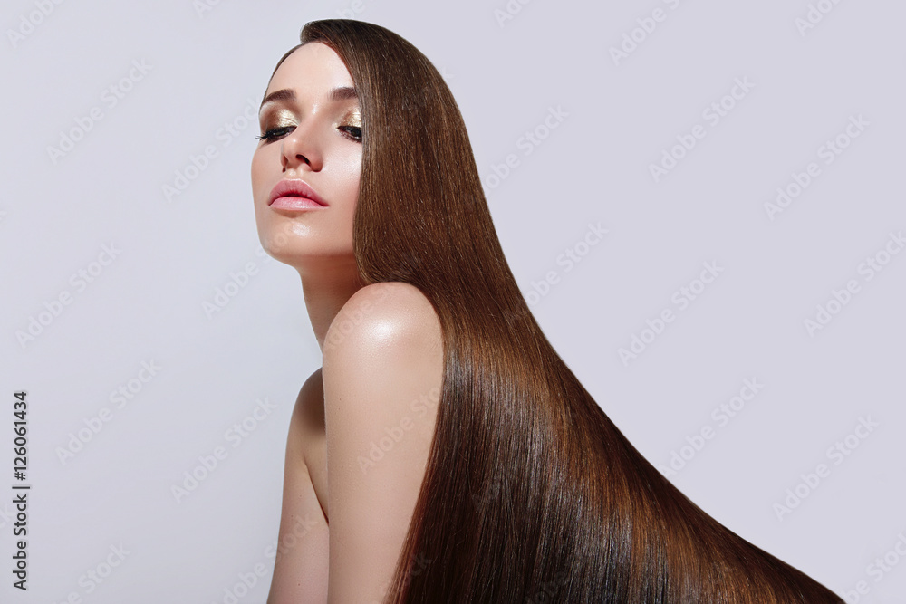 Very long, straight silky hair. The girl with long hair. Keratin  straightening. Hair care. Stock Photo | Adobe Stock