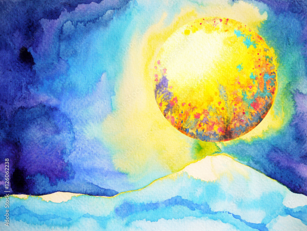 Obraz premium big yellow full moon flower floral pattern texture and blue mountain watercolor painting