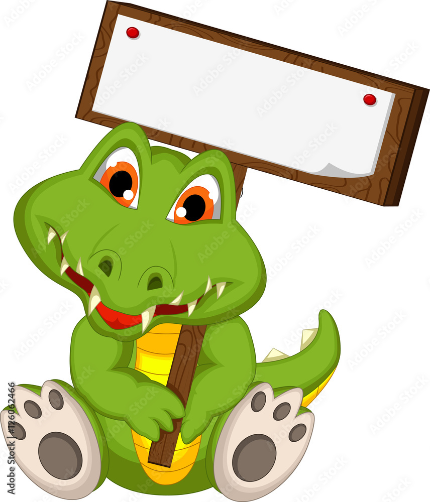 Naklejka premium funny crocodile cartoon sitting with blank sign