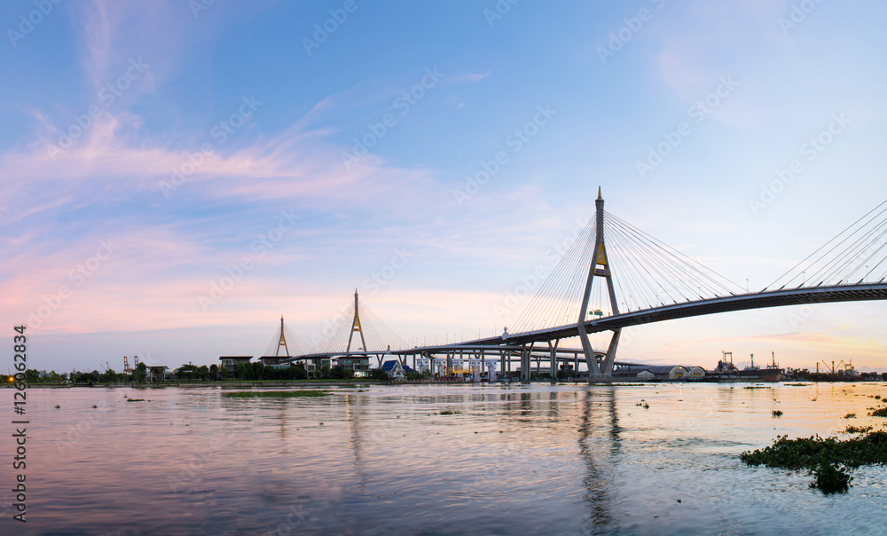 The bridge crosses the Chao Phraya River, Bhumibol Bridge or Ind