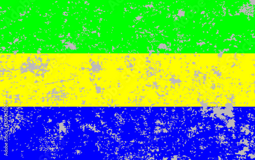 Flag Of Gabon. Three colors blue, yellow, green. Shabby background. Grunge texture.