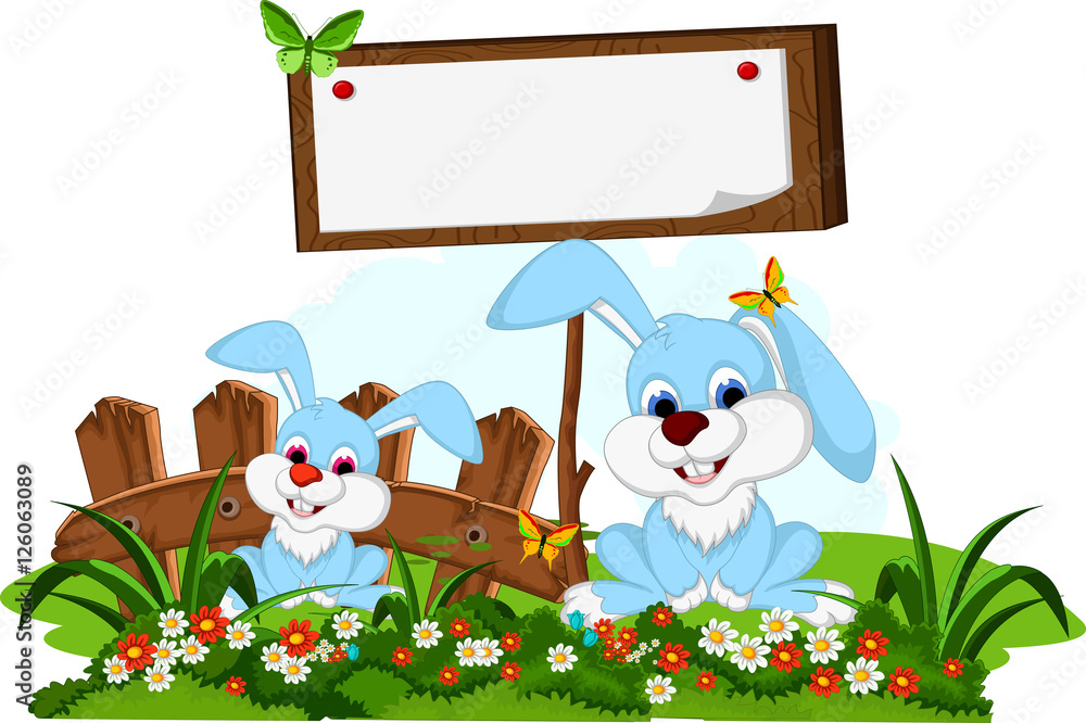 two rabbit cartoon posing with blank sign two rabbit cartoon posing with blank sign