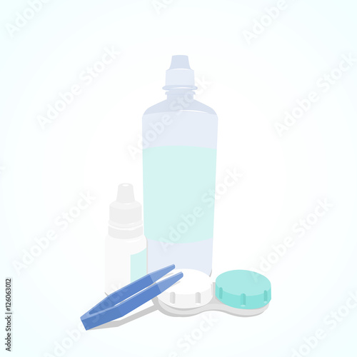 Set of Contact Lenses care. Container, daily solution, eye drops