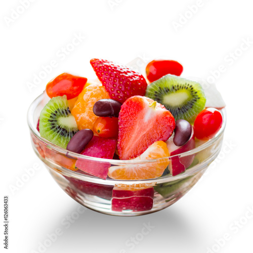 Diet-Fresh tasty mix fruit salad in the bowl isolated on white b