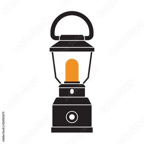 Vintage camping lantern silhouette isolated on white background. Modern lamp with glowing fire wick. Oil lantern outline vector illustration. Old lamp for hiking.