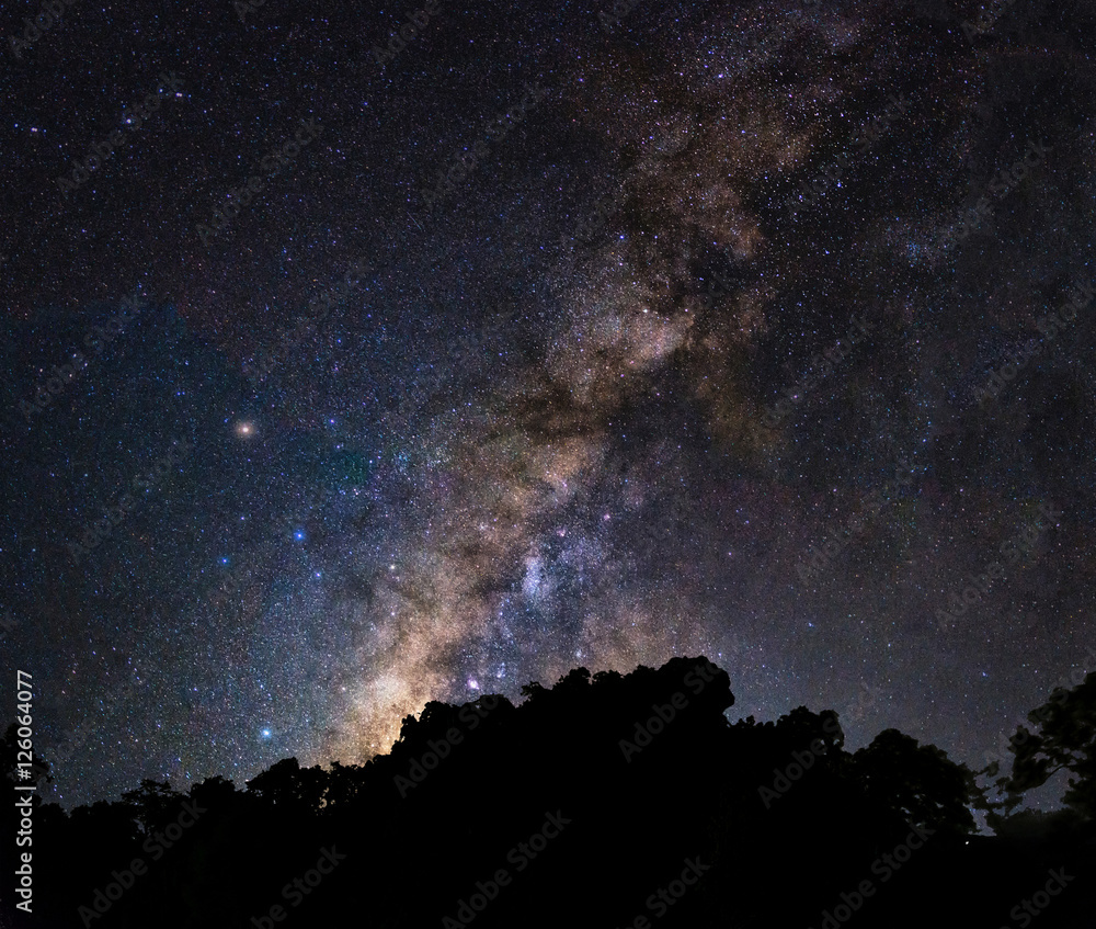 Landscape of Milky way mountain and deep forest at night sky, Do