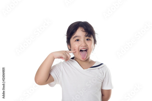 Portrait of happy little Asian child finger up on isolated backg