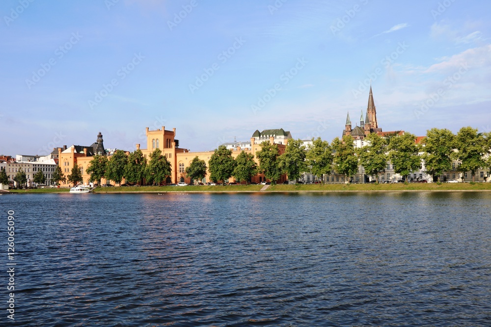Pfaffenteich in Schwerin, view to Paul Church and Interior Ministry, Mecklenburg Germany 