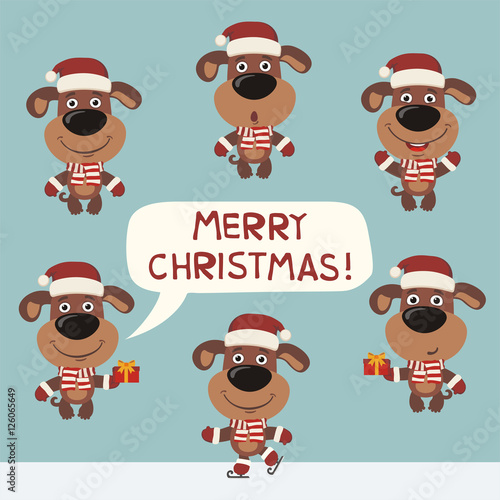 Merry Christmas! Vector set funny puppy dog for Christmas decoration. Collection isolated christmas puppy dog.
