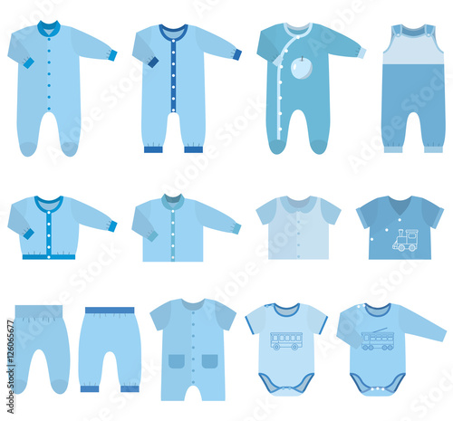 Set children's clothes for baby boys in flat style. Collection of isolated clothing on white background. Vector illustration.