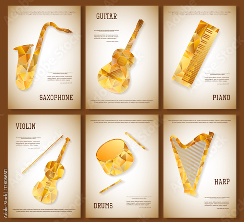 Music magazine layout flyer invitation saxophone violin piano drums guitar harp triangular design. Vector musical ornament illustration concept. Art instrument, poster, book, abstract element.