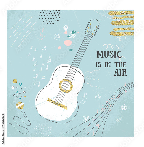 Abstract music guitar hand drawin card. Doodle vector illustration. Graphic poster, cover sketch style. Modern cute background. Sound concept. Invitation, packaging element. Music is in the air