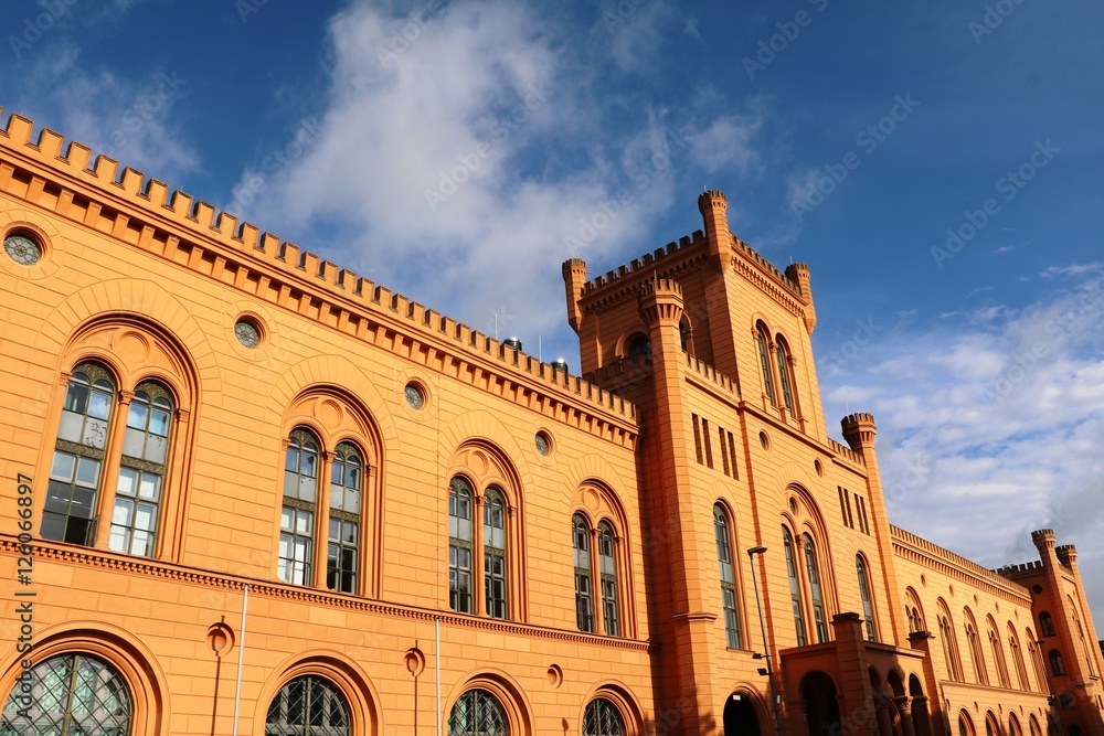 Red building of Interior Ministry of Mecklenburg-Vorpommern in Schwerin Germany