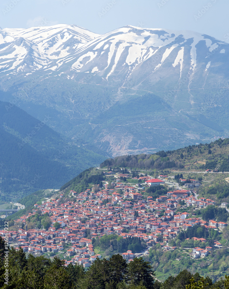 View of Metsovo town, Lakmos mountain in the background, Epirus, Greece