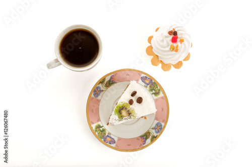 Coffee and cake isolated on white. Top view