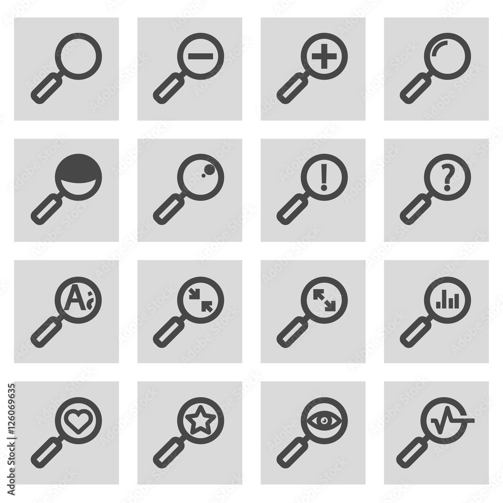 Vector black line magnifying glass icons set Vector black line magnifying glass icons set