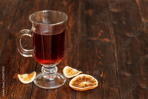 Compote or tea with fruit ingridients, dried orange, cinnamon. Copyspace