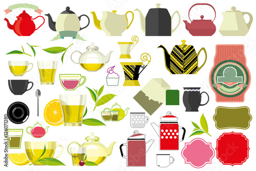 tea, teacup and teaspoon, tea leaf, big set, kitchenware items