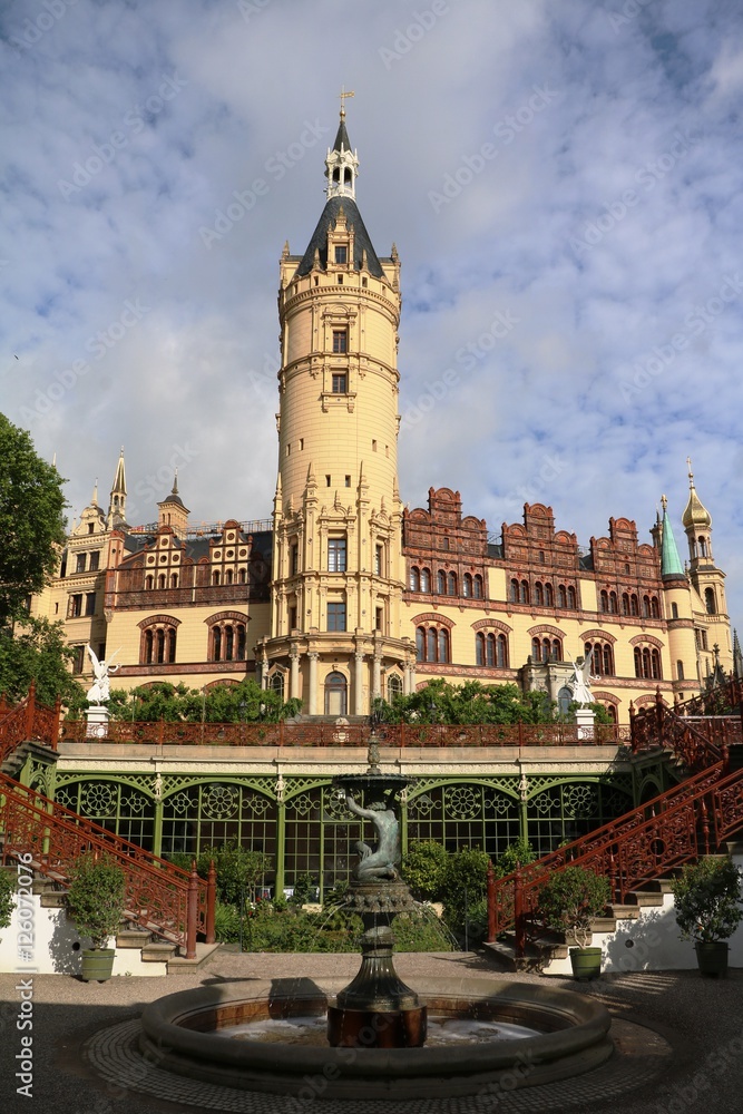 Orangery and Schwerin Castle with shell fountain in Schwerin, Mecklenburg Vorpommern Germany
