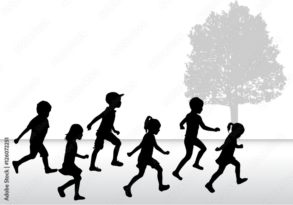 Children silhouettes running on white background.