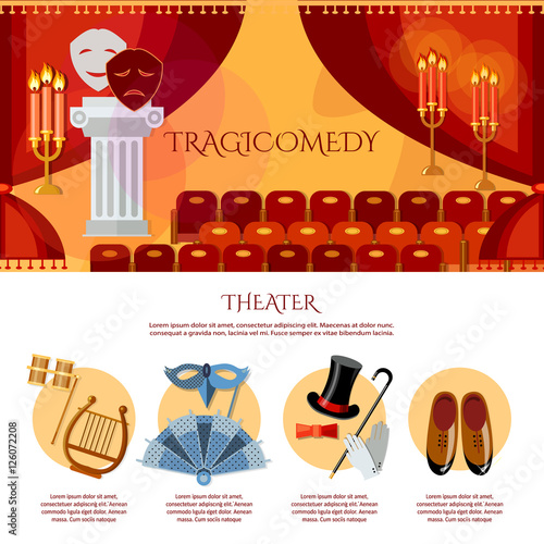 Theater infographics comedy and tragedy masks theater stage