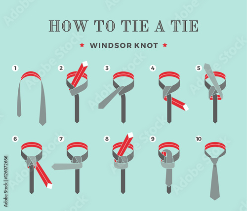 Instructions on how to tie a tie on the turquoise background of the eight steps. Windsor knot . Vector Illustration.