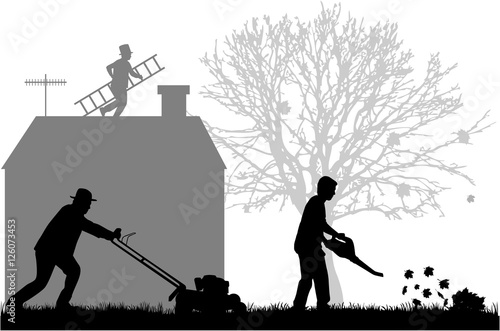 Silhouettes of people cleaning the garden.