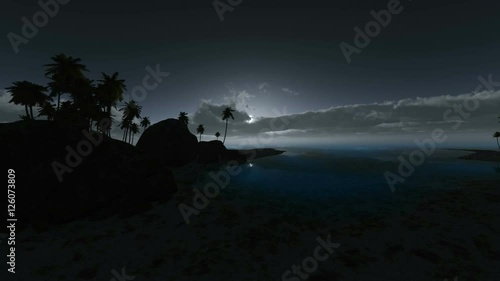 loop rotate camera at tropical beach at night with moon and clouds