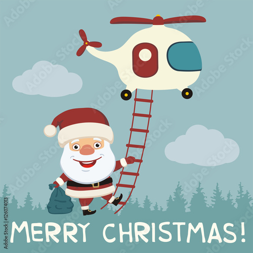 Merry Christmas! Funny Santa Claus flying on helicopter with gift bag.