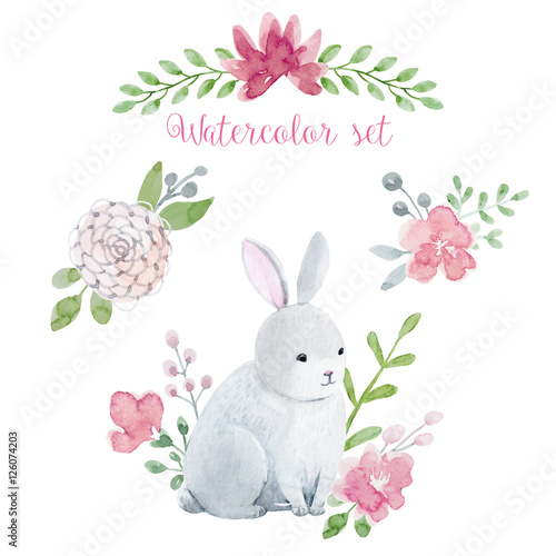 Watercolor rabbit with flowers © zenina