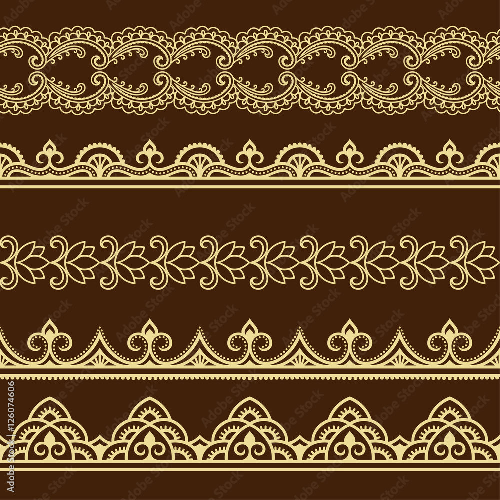 Set of seamless borders for design and application of henna. Mehndi style.
Set of seamless borders for design and application of henna. Mehndi style.