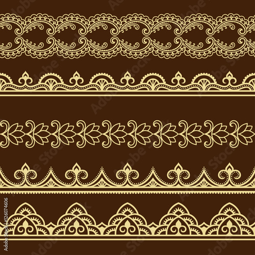 Set of seamless borders for design and application of henna. Mehndi style. 