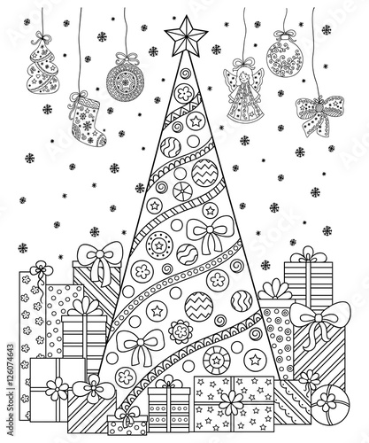 Doodle pattern in black and white. Christmas decorations, Christmas tree, gifts, snow and streamers.Festive atmosphere - coloring book for children and adults.
