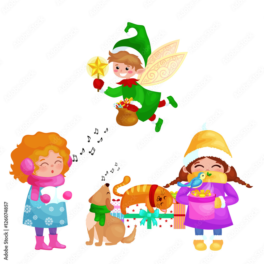vector illustrations set Merry Christmas Happy new year, girl sing holiday songs with pets, cat and dog enjoy presents, elf flies using wings with magic wand star vector illustrations set Merry Christmas Happy new year, girl sing holiday songs with pets, cat and dog enjoy presents, elf flies using wings with magic wand star