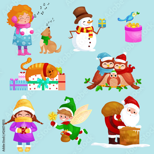 illustrations set Merry Christmas Happy new year, girl sing holiday songs with pets, snowman gifts, cat and dog enjoy presents, owls family and bird,Christmas elf Santa Claus climbing chimney with bag © anutaberg