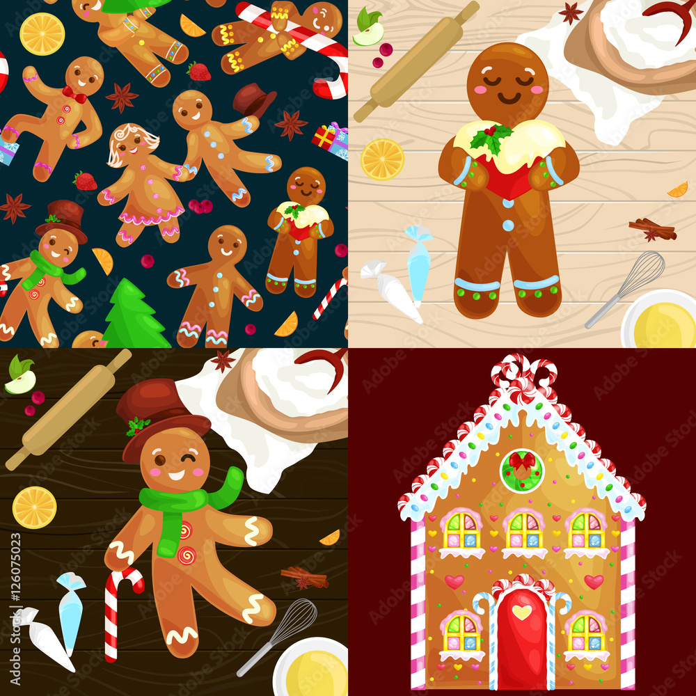 Naklejka premium set christmas cookies gingerbread man and girl near sweet house decorated with icing dancing and having fun in a cap with the Christmas tree and gifts, xmas sweet food vector illustration