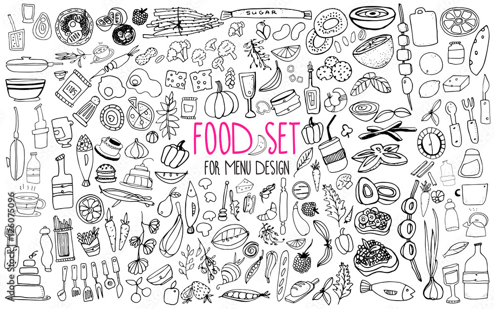 Hand drawn food elements. Set for menu decoration. Cartoon. Simple ...