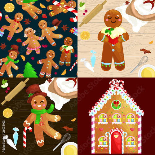 set christmas cookies gingerbread man and girl near sweet house decorated with icing dancing and having fun in a cap with the Christmas tree and gifts, xmas sweet food vector illustration