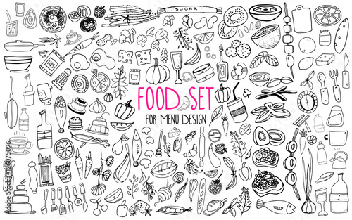 Hand drawn food elements. Set for menu decoration. Cartoon. Simple stylized forms.