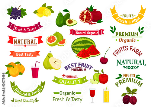 Fruit emblems, ribbons of juice, jam product label