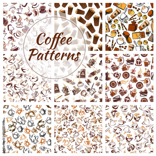 Coffee beans, cups, mills vector seamless patterns