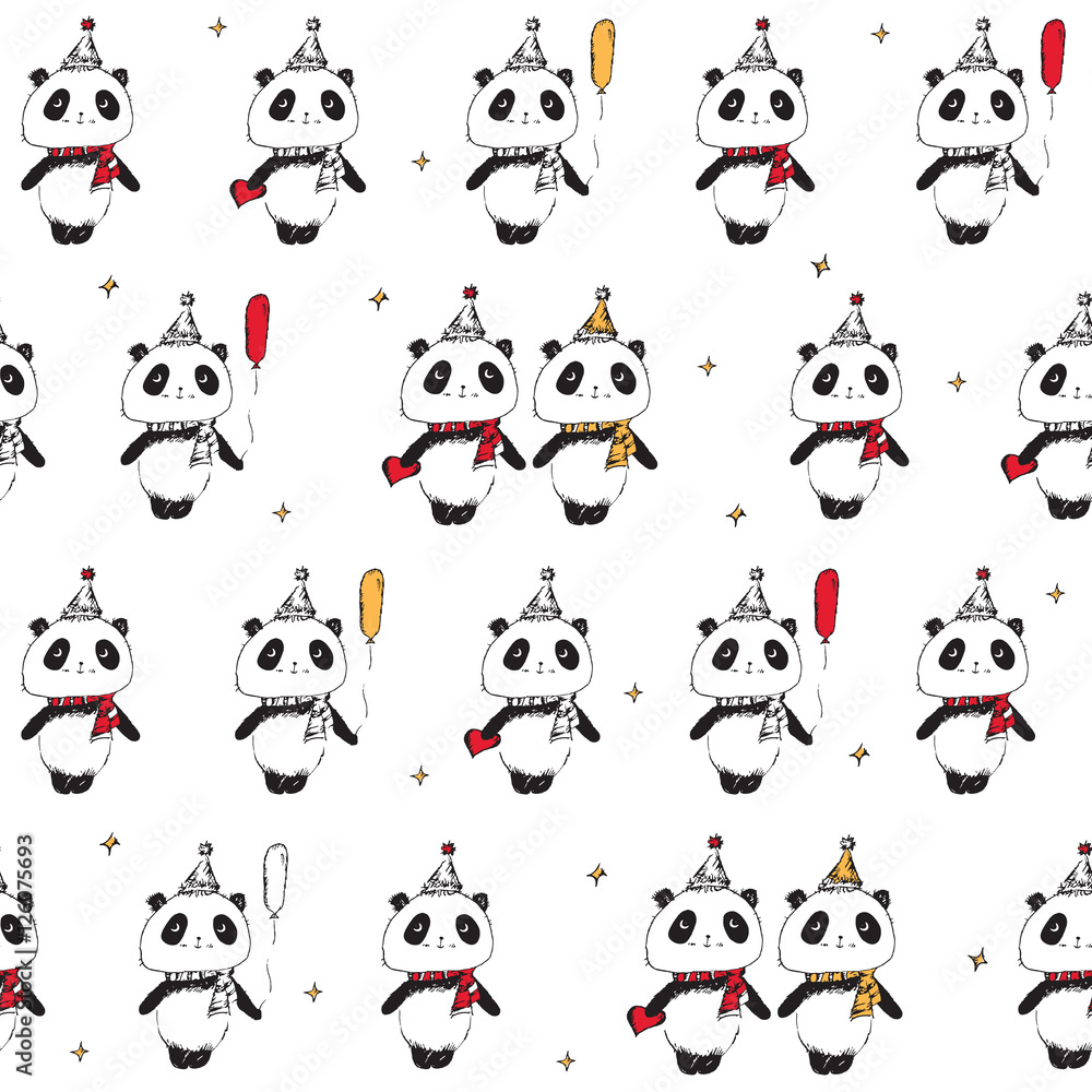 Christmas seamless pattern with cute pandas. Wrapping paper. Happy New Year 2017. Sketch, doodles, design elements. Vector. Christmas seamless pattern with cute pandas. Wrapping paper. Happy New Year 2017. Sketch, doodles, design elements. Vector.