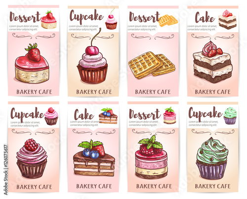 Cafe desserts menu. Sketched cupcakes, cakes tags