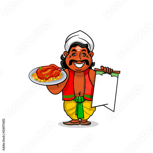 Indian cook with menu and chicken curry rice