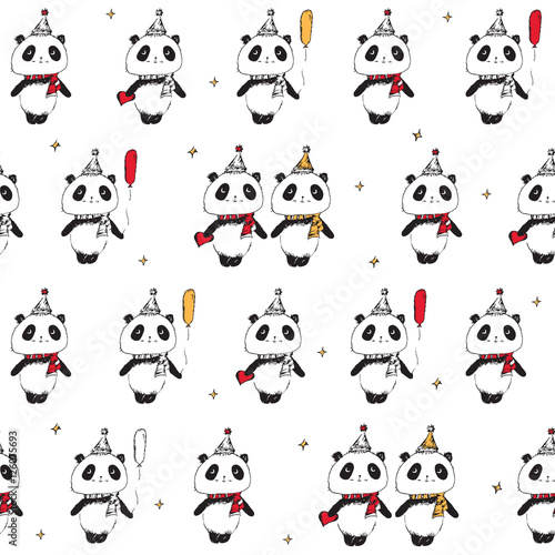 Christmas seamless pattern with cute pandas. Wrapping paper. Happy New Year 2017. Sketch, doodles, design elements. Vector.