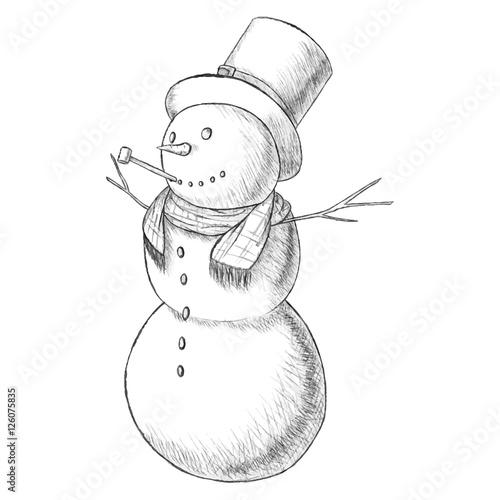 Christmas hand drawn pen vector illustration - snowman in tall hat with pipe, vintage style.