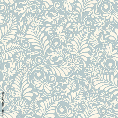 Seamless background of light beige and blue color in the style of Damascus